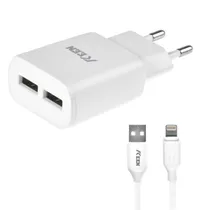 Carregador / Adaptador de Parede Keen KC-01 Auto-Id + Cabo Lightning / 2X USB-A / 5V/ 2.4A - Branco