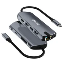 Hub Adaptador Multiporta 4LIFE FL1908 / 8 Em 1 / USB-C / USB-C PD 100W / 3X USB-A 3.0 / HDMI / SD / TF / RJ45 - Cinza