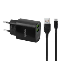 Fonte Carregador Yookie KI96Y - 3.1A - 2X USB - com Cabo USB-C - Bivolt - Preto