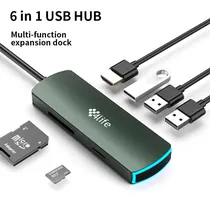 Hub Adaptador Multiporta 4LIFE FLM6AIR / 6 Em 1 / USB-C / 3X USB-C 3.0 / HDMI / SD / TF - Dark Green