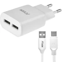 Carregador / Adaptador de Parede Keen KC-01 Auto-Id + Cabo USB-C / 2X USB-A / 5V/ 2.4A - Branco