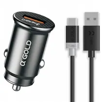 Carregador Veicular USB-A Rápido A'Gold CJ04-3 C de 20W com Cabo - Preto