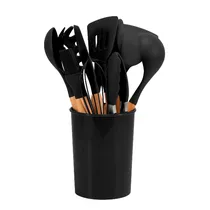 Kit de Utensílios para Cozinha de Silicone com Cabo de Madeira / 12 Peças com Balde - Preto