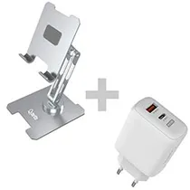 Suporte de Celular e Tablet Quanta QTSMA20 - Prata + Carregador Tomada QTCCR45