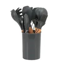 Kit de Utensílios para Cozinha de Silicone com Cabo de Madeira / 12 Peças com Balde - Cinza Oscuro