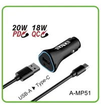 Cargador p/Auto Sate A-MP51 20W USB/USB-C c/Cable Negro