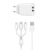 Carregador c/Cable USB-A A Lightning+Micro+Tipo-C WI-U003 White